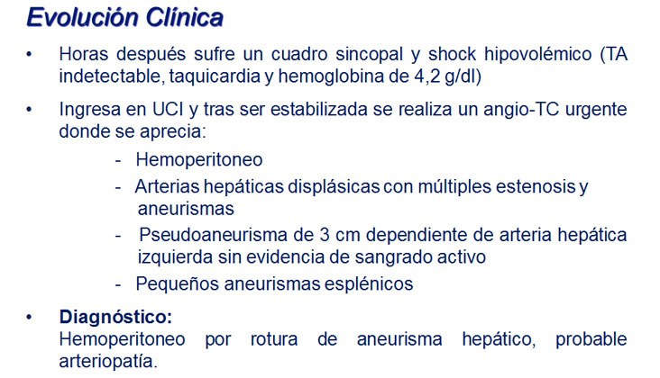Hemoperitoneo Masivo por Rotura de Aneurisma Hepático en un caso de “Segmental Arterial Mediolysis” Embolización con Onyx — diapositiva 3